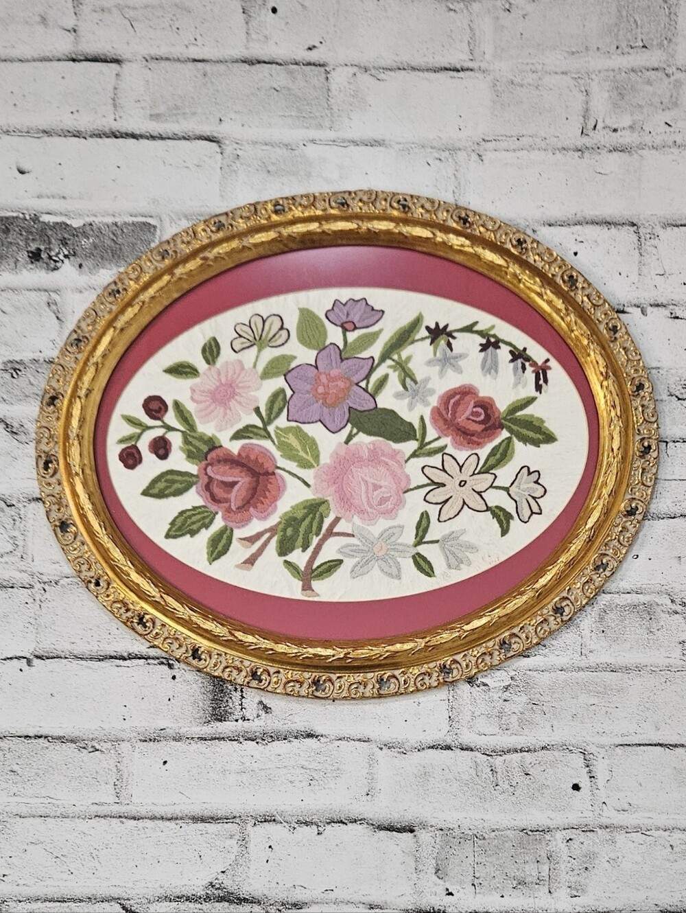 Vintage LaFlamme Galleries Floral Needlepoint Wall Art Ornate Gold Oval Frame